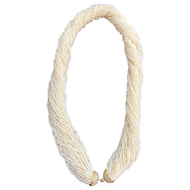 400 Carat Seed Pearl Necklace with Diamond & 14 Karat Yellow Gold Bell Cap Clasp For Sale - Image 15 of 18