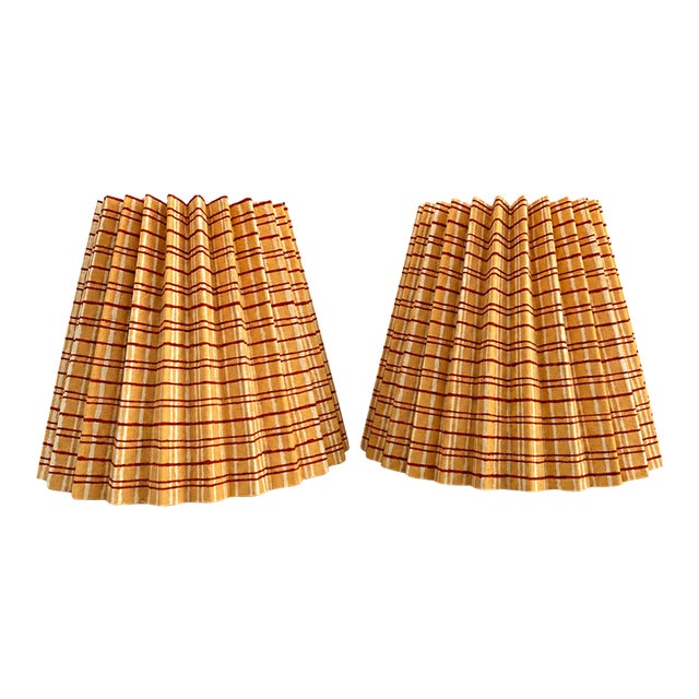 1950s Mid-Century Pleated Gingham Fabric Lampshades, Pair For Sale