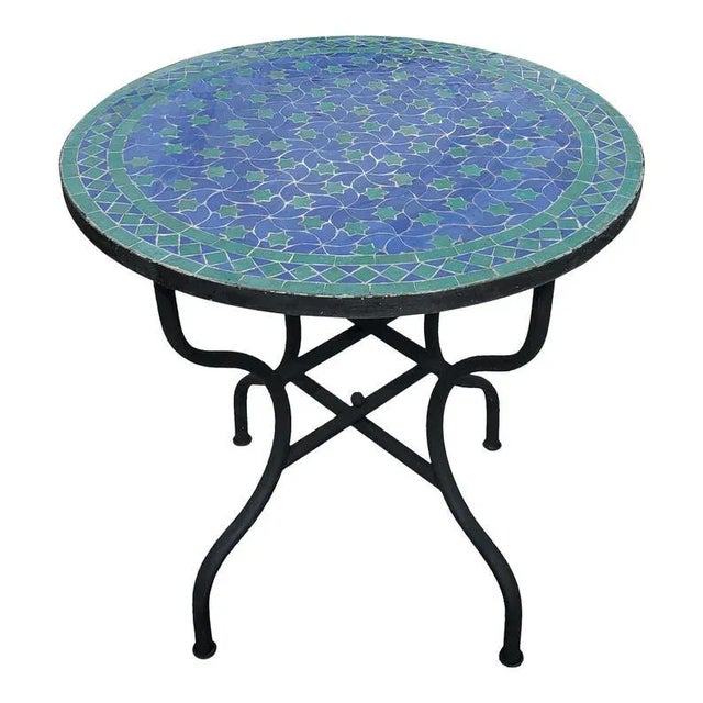 Metal 40" Moroccan Blue & Green Rafraf Mosaic Table For Sale - Image 7 of 7