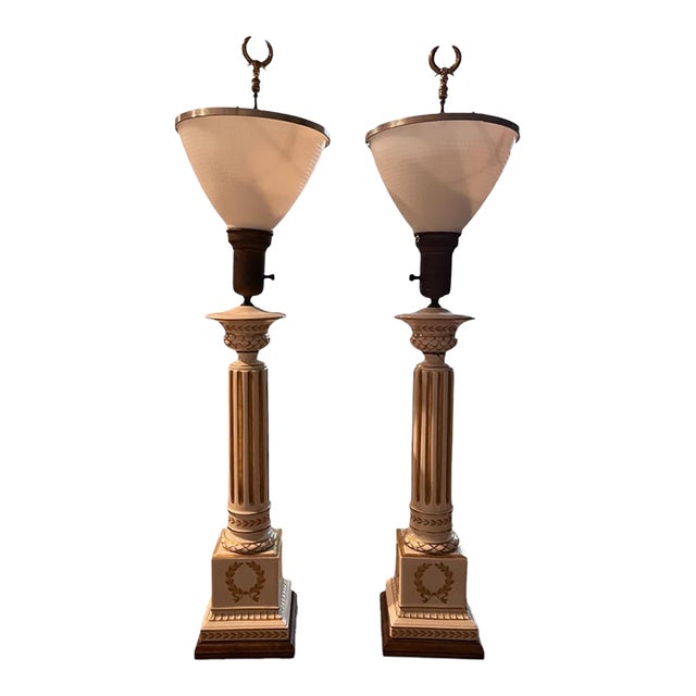 1970s Pair of Corinthian Column Lamps With Glass Shades. For Sale