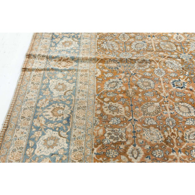 Early 20th Century Authentic Persian Tabriz Brown Blue Handmade Wool Carpet For Sale - Image 5 of 7