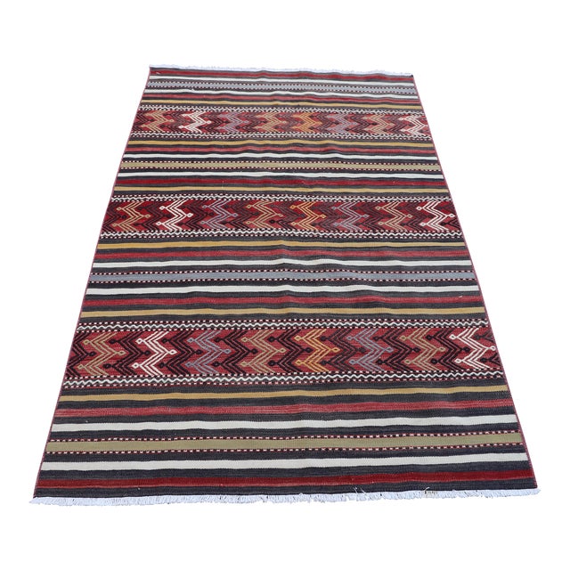 1970s Rustic Style Stripe Design Hand Knotted Oushak Kilim Rug For Sale