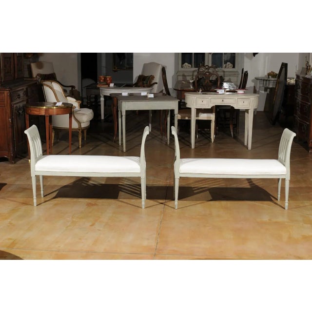 Italian 1890s Painted Wood Classical Bench with Scrolling Arms and Upholstery For Sale - Image 11 of 12