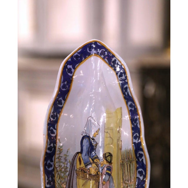 19th Century French Painted Faience Porquier Beau Quimper Crepe Dish Vide-Poche For Sale - Image 4 of 7