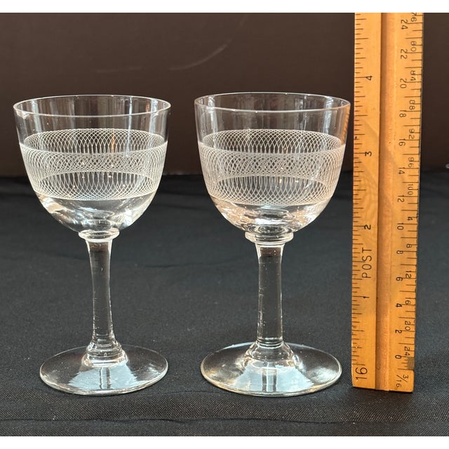 Clear Wheel-Etched Cordial Vintage Glasses - A Pair For Sale In Charlotte - Image 6 of 7