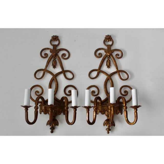 Late 20th Century Vintage Italian Florentine Style Gold Finished Scrolling Arms Electric Wall Sconces- A Pair For Sale - Image 5 of 15