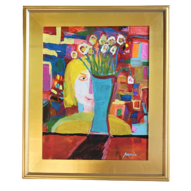 Juan "Pepe" Maldonado Guzman (1948-2022) Abstract Portrait & Flowers in Blue Vase Oil Painting W/ Gold Leaf Frame For Sale - Image 4 of 7