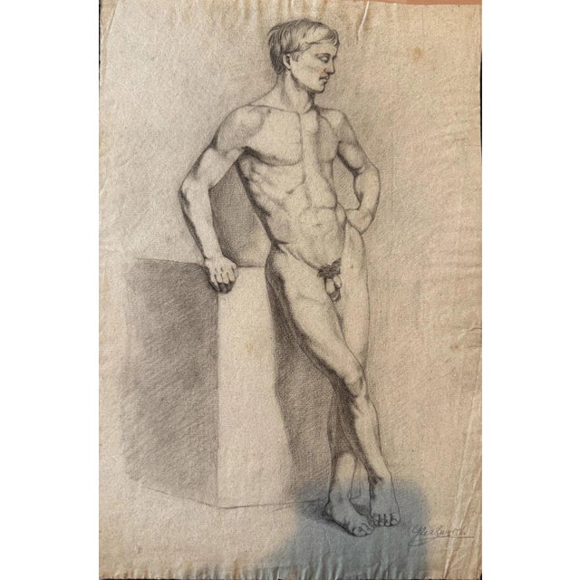 Carl H. Berberich, Male Nude Leaning on a Pedestal, Pencil on Paper For Sale - Image 12 of 12
