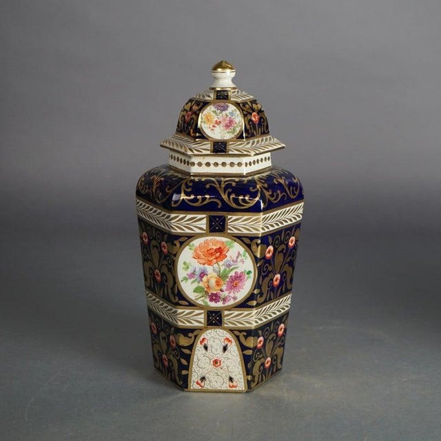Pair of Antique Royal Crown Derby Porcelain Hand Painted Floral & Gilt Decorated Faceted & Lidded Urns c1890 Measures -...