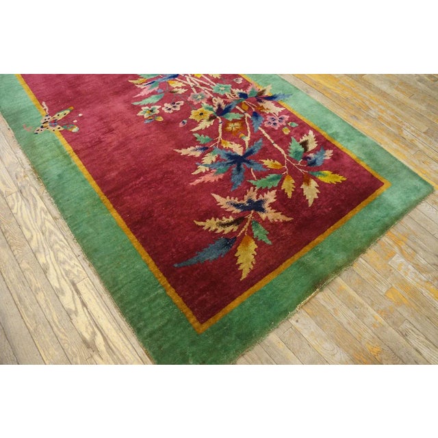 1920s Amazing Pink Blush Color and Turquoise Teal Border With Floral Design Antique Chinese Art Deco Rug For Sale - Image 5 of 11