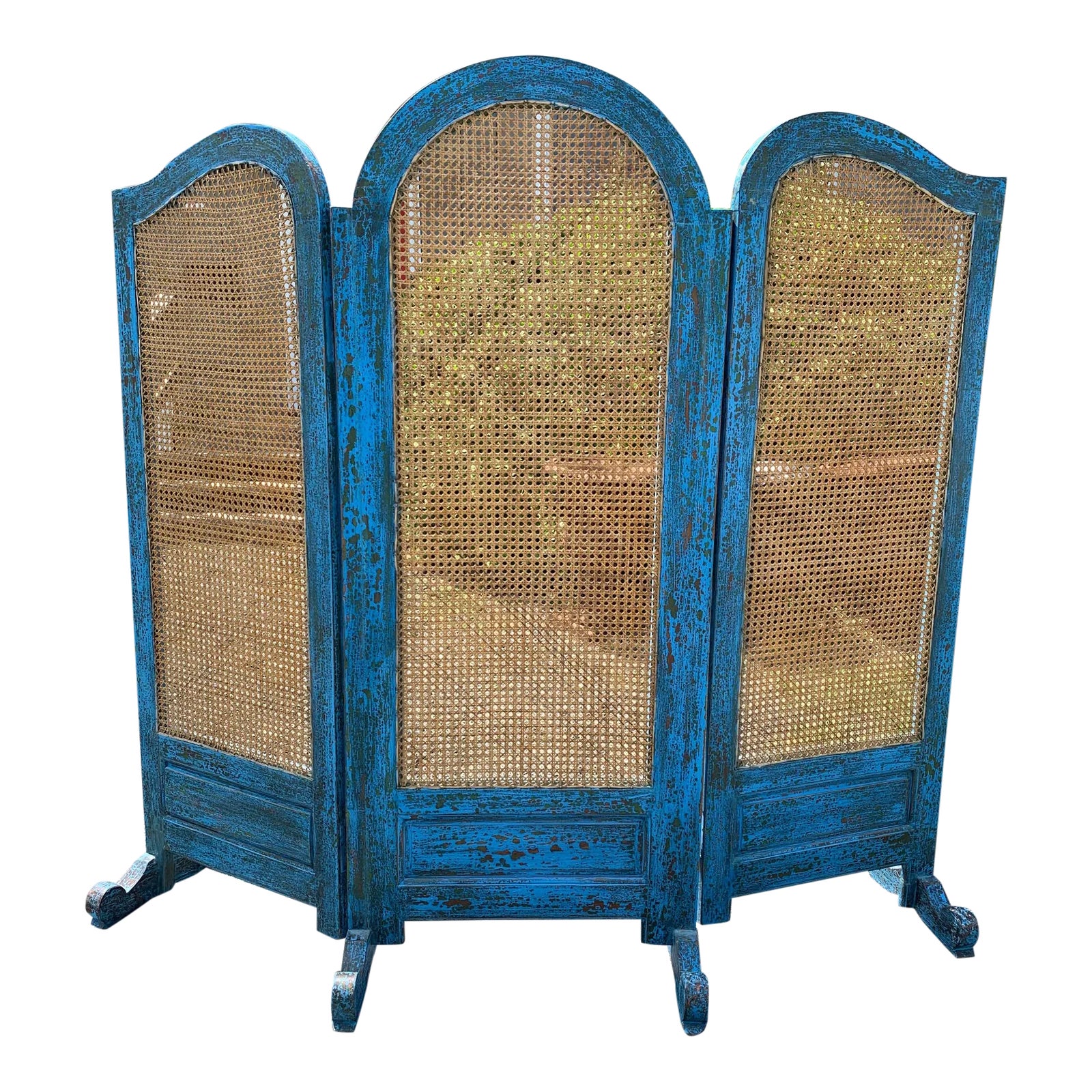 Turquoise Scrubbed Wood and Caned 3 Panel Screen | Chairish