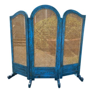Turquoise Scrubbed Wood and Caned 3 Panel Screen For Sale