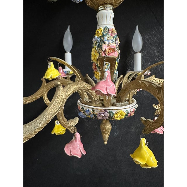 Mid 20th Century Vintage Capodimonte-Style Porcelain Floral Six-Light Chandelier For Sale - Image 5 of 7