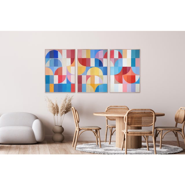 2020s 2025, Abstract Geometric Bauhaus Large Triptych of Vivid Blossoming Arcs, Acrylic Paint on Watercolor Paper by Natalia Roman For Sale - Image 5 of 11