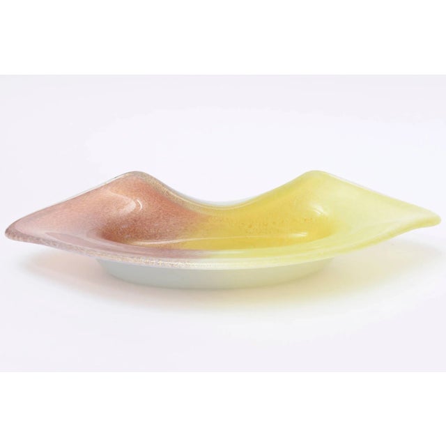 This beautiful vintage folded Italian Murano Seguso cased folded glass bowl is large and Mid-Century Modern. It has the...