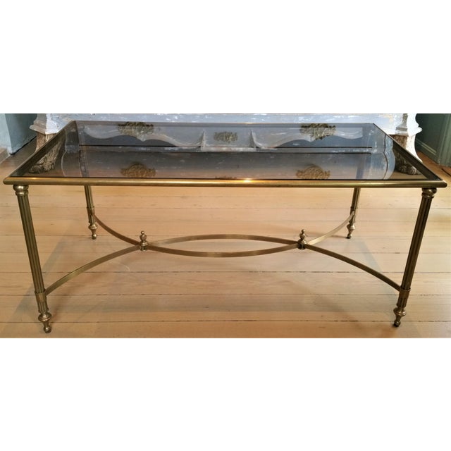 1950's Mid-Cemtury Brass & Smoked Glass Coffee Table with Curved, Overlapping Stretcher