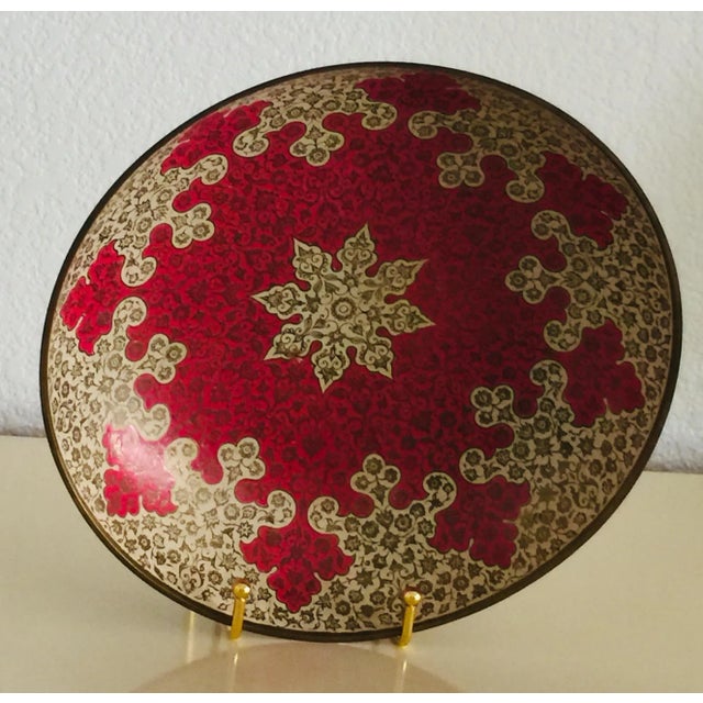Stylish vintage cream and rich magenta Cloisonné enameled brass decorative bowl believed to be from India. The bowl...