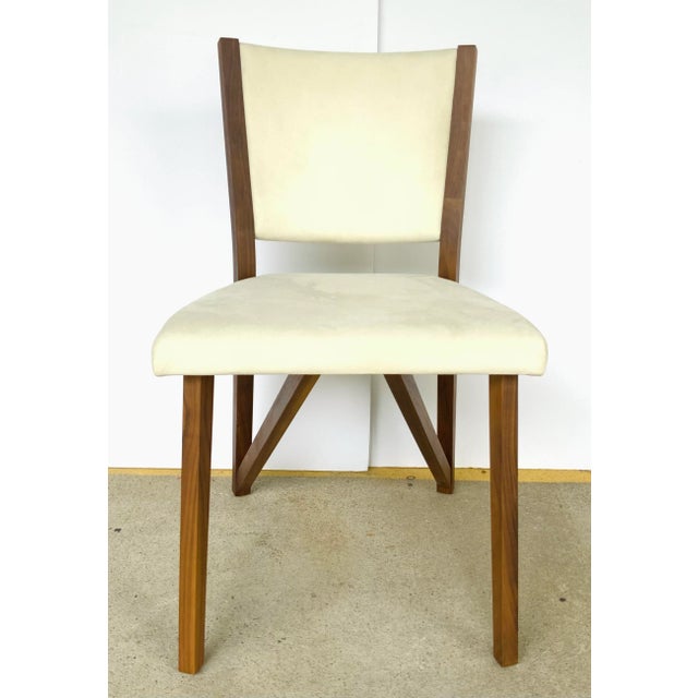 Stylish Copland Co. Modern Ivory Suede Exeter Dining Chair/Desk Chair, warm walnut finshed wood frame, showroom floor sample