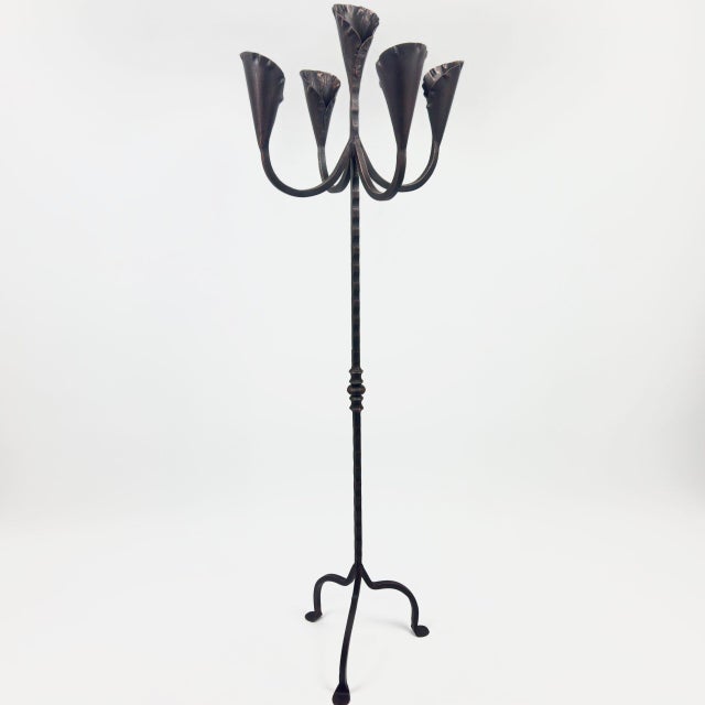 Black Hand Forged Iron Floor Candelabra 49″ (124cm) Antique Copper Patina 5-Arm Lily Cup Candle Holder Rustic Church Decor For Sale - Image 8 of 8