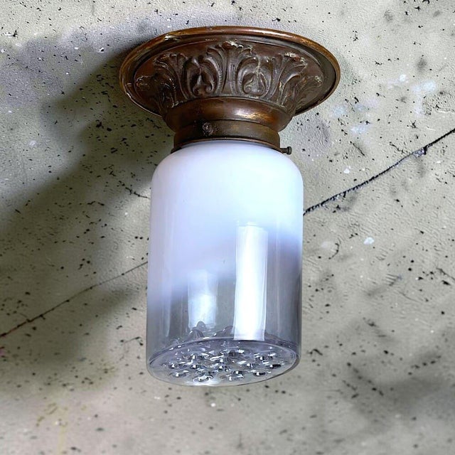 Art Deco Style Opalescent Art Glass Flush Mount with Ornate Brass Base, 1960s For Sale - Image 11 of 18