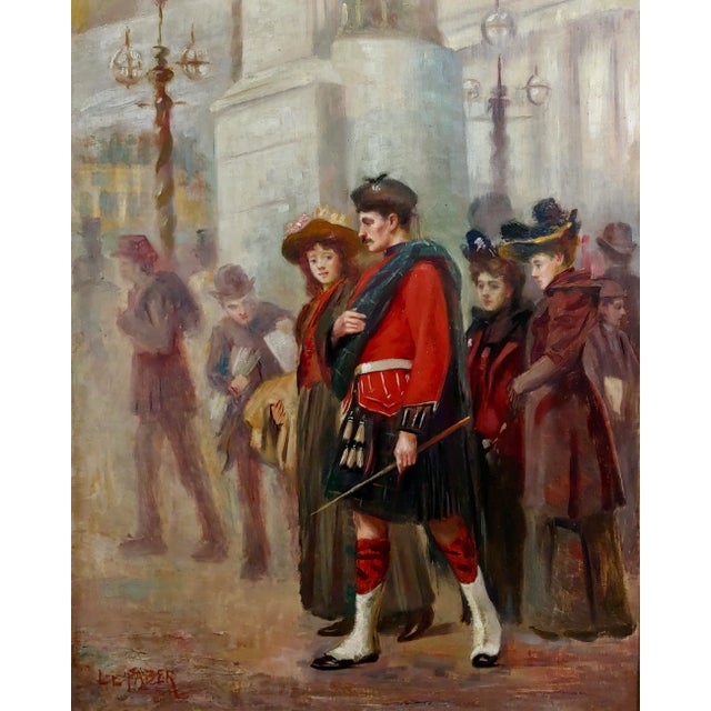 19th Century Ludwig Ernest Faber- Scottish in Uniform Waking With His Wife in Downtown Philadelphia-Oil Painting-1890s For Sale - Image 5 of 10
