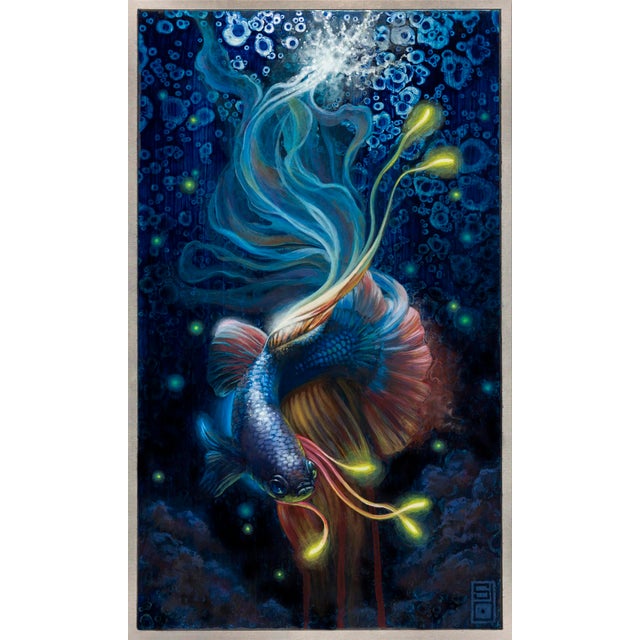 Electrogenesis by Stacy D'Aguiar | Acrylic on aluminum panel of a colorful fish with glowing elements For Sale