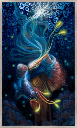 Electrogenesis by Stacy D'Aguiar | Acrylic on aluminum panel of a colorful fish with glowing elements