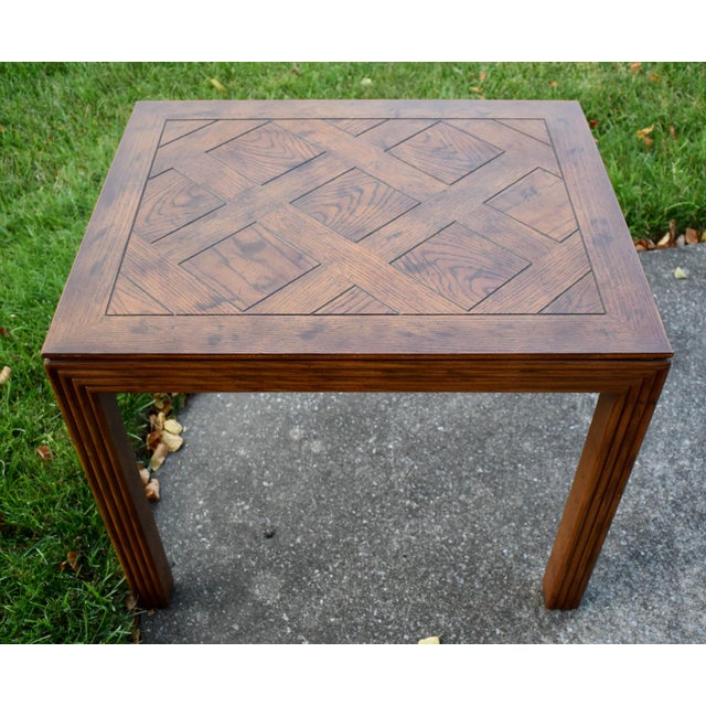 Henredon Oak Square Table Parquet Top Reeded Parsons Legs Mid Century End For Sale - Image 10 of 14