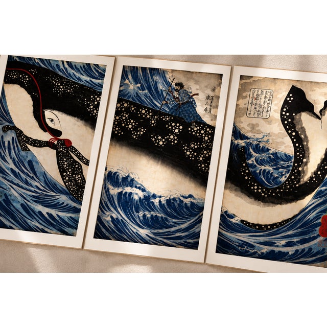 Charcoal Japanese Whale Triptych Reproduction, Coastal Nautical Art Print Set of 3, 20" X 30" For Sale - Image 8 of 9