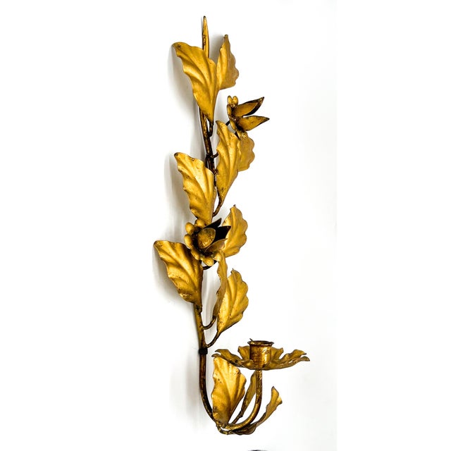 Gold Mid-Century Italian Gilt Metal Floral Wall Sconces, Pair – Hollywood Regency / Italian Florentine For Sale - Image 8 of 11