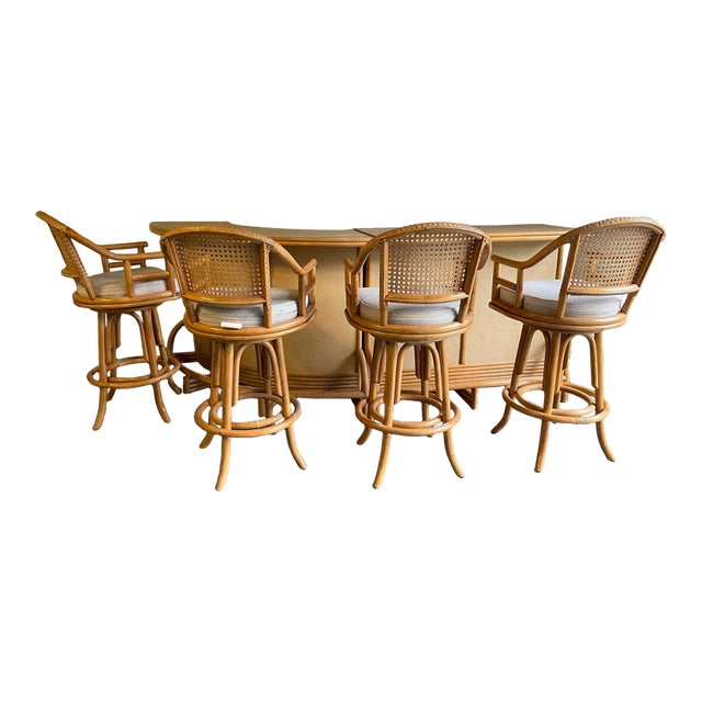 Mid 20th Century Vintage Mid-Century Modern Bamboo and Grasscloth Bar and 4 Bar Stools - Set of 6 For Sale