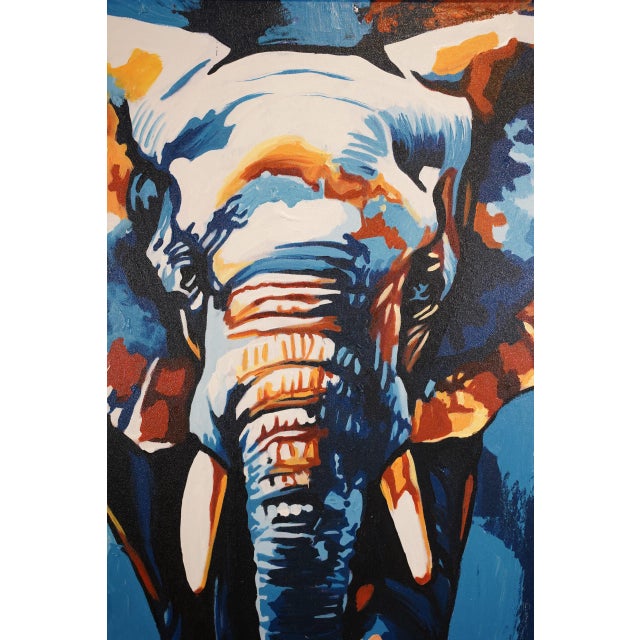 A forward-facing elephant rendered in deep blues with warm highlights - quiet power and strong mood. Original one-of-a-...