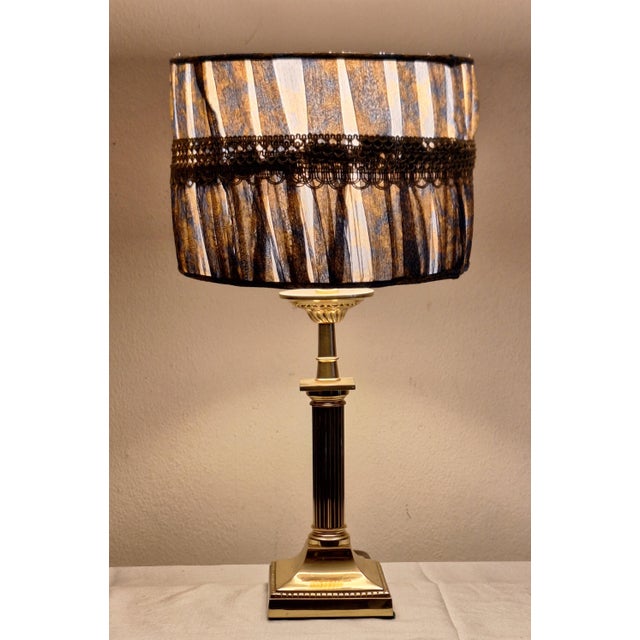 Vintage Table Lamp with Ornate Brass Base and Blue Fabric Shade, 1990s, in Very Good conditions. Designed 1990 to 1999...