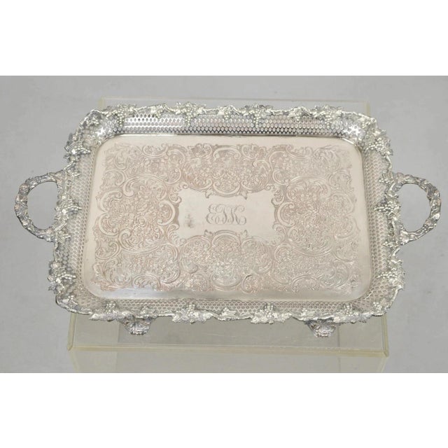 Antique Victorian Silver Plated Grapevine Repousse Platter Bar Tray W/ Monogram For Sale - Image 4 of 12