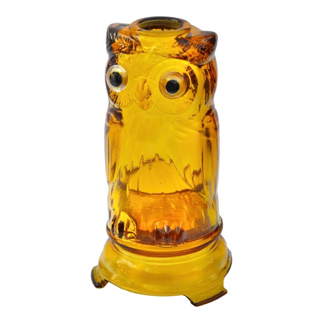 Mid 20th Century Handblown Amber Art-Glass Owl Candleholder For Sale