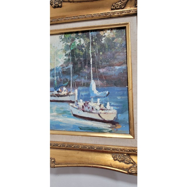 1970s Unknown Artist - Vibrant Ships in the Harbor Oil Painting Gold Frame For Sale - Image 11 of 12