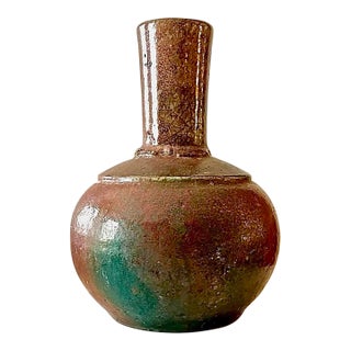 Vintage Signed Studio Pottery Vase With Layered Burnt Umber and Teal Green Glaze For Sale