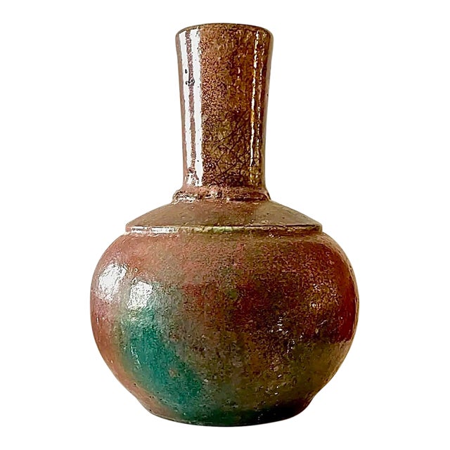 Vintage Signed Studio Pottery Vase With Layered Burnt Umber and Teal Green Glaze For Sale