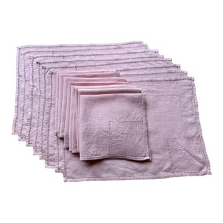 Mid 20th Century Pink Linen Hemstitched Placemats/Napkins - Set of 16 For Sale