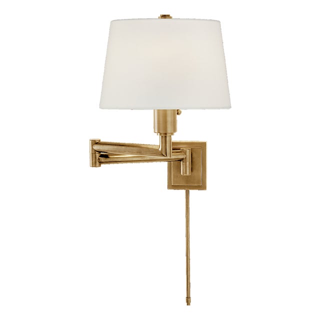 Chapman & Myers for Visual Comfort Signature Chunky Swing Arm in Antique-Burnished Brass with Linen Shade For Sale