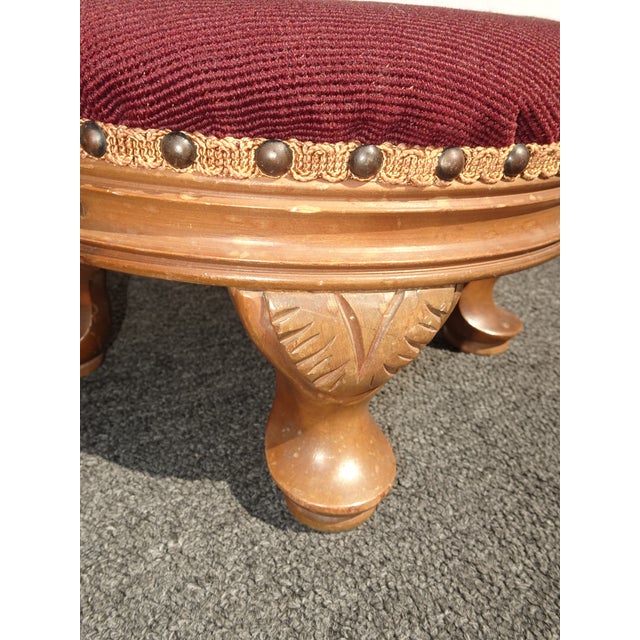 Footstool ~ Vintage French Country Burgundy Floral Round Needlepoint Footstool#2 For Sale - Image 12 of 14