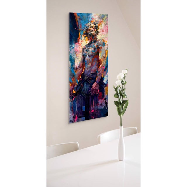 Early 21st Century Mythical Resonance by Jon Wassom | Mixed media on canvas figure with abstract background For Sale - Image 5 of 5
