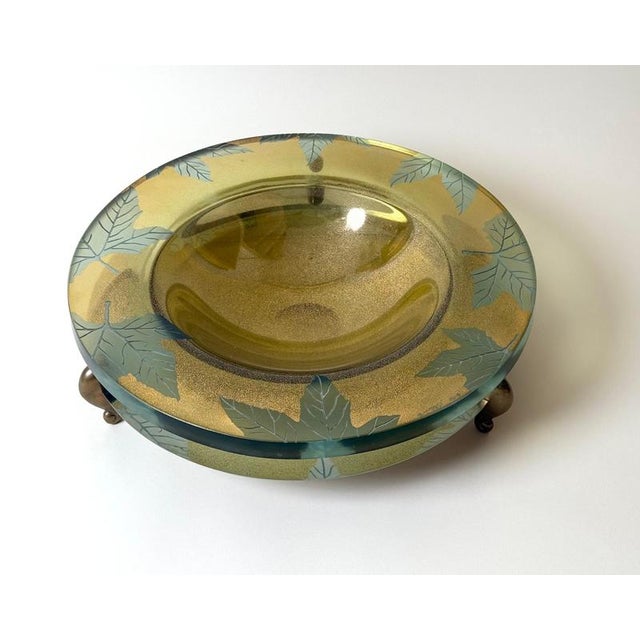 Large Art Glass Centerpiece Bowl with Brass Stand, 2000 For Sale - Image 3 of 18