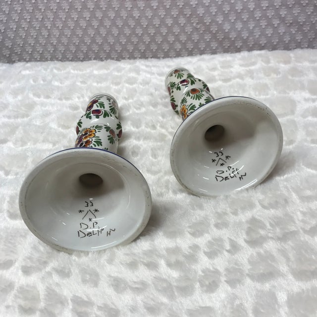 Pair of Vintage Delft Polychomatic Floral Candlestick Holders For Sale - Image 9 of 10