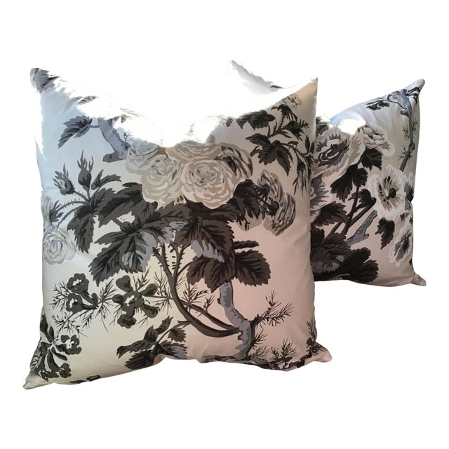 Schumacher Hollyhock Pyne in Charcoal Down Filled Pillows - a Pair For Sale