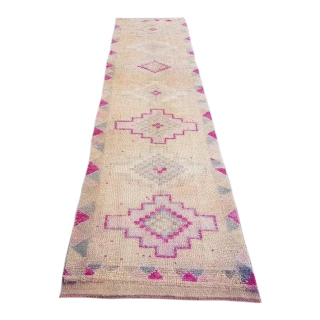1960s Geometric Design Oushak Vintage Runner For Sale