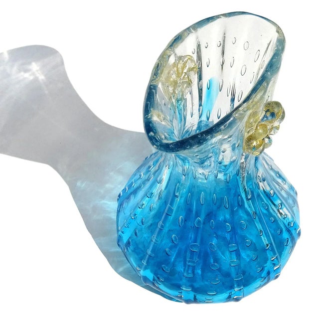 Mid-Century Modern Vintage Murano Sapphire Blue Gold Flecks Flowers Control Bubbles Italian Art Glass Decorative Flower Vase For Sale - Image 3 of 6