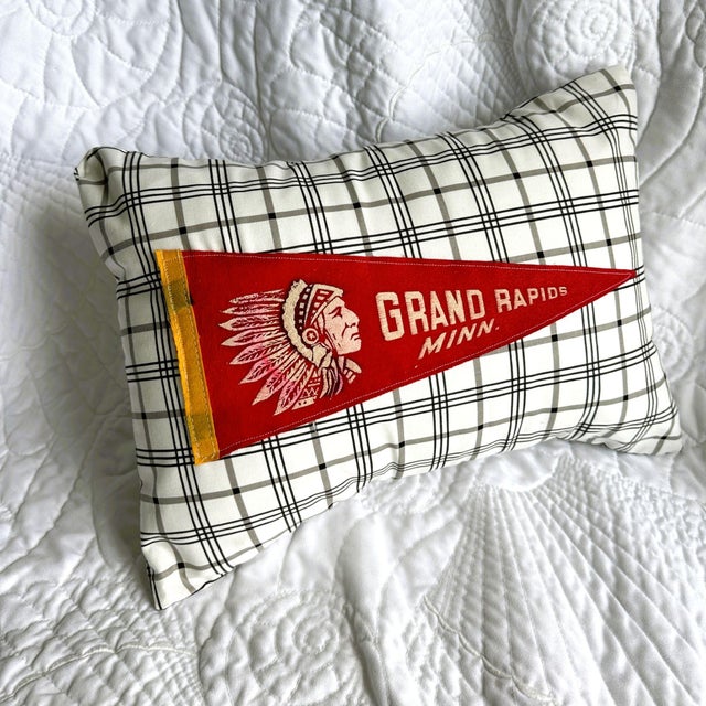 American Minnesota Grand Rapids Vintage Pennant on New Woven Plaid Throw Pillow For Sale - Image 3 of 4