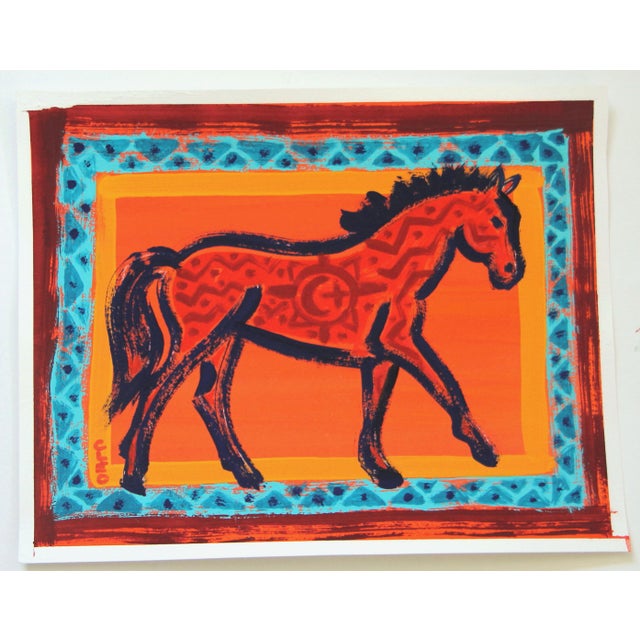 American Horse Western Americana Folk Art Abstract Orange Red Turquoise Original Painting by Cleo Plowden For Sale - Image 3 of 4