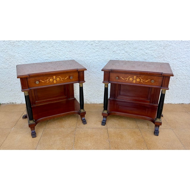 French Empire Wood Nightstands with Marquetry and Black Columns, 1935, Set of 2 For Sale - Image 4 of 15